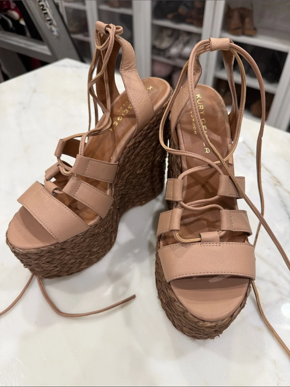 Kurt Geiger Blush Tan Woven Platform Lace-Up Wedges